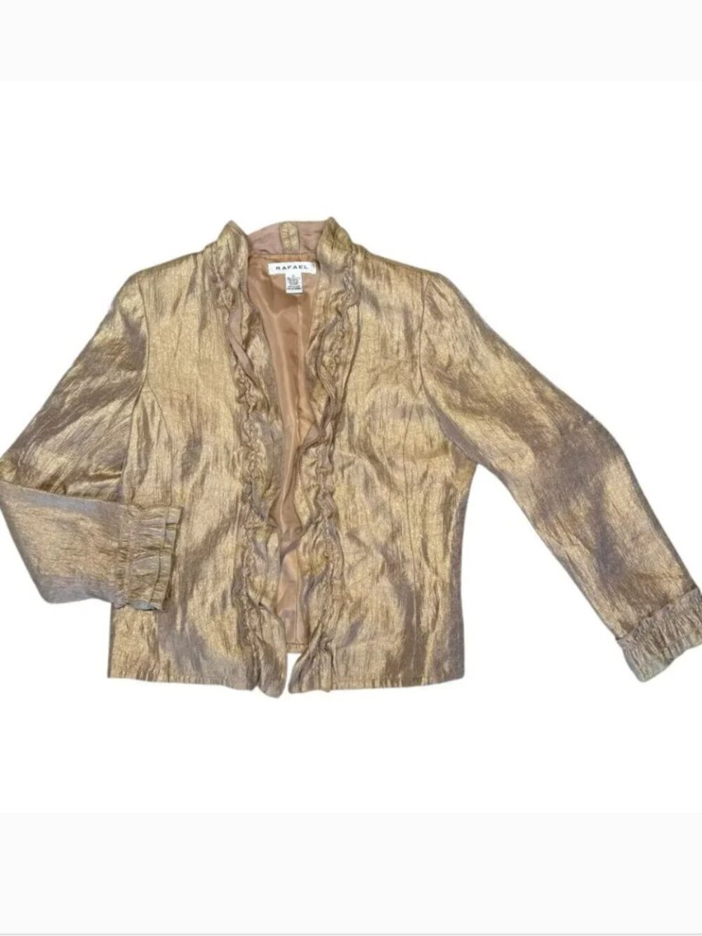 Rafael Y2K Metallic Shimmer Gold Crinkle Ruffle Front Open Jacket Size 12